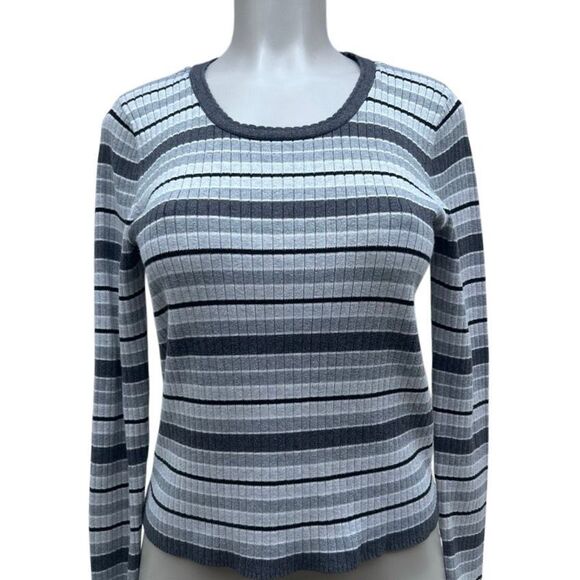 Liz Claiborne Lizsport Sweater Womens Medium Gray Striped Ribbed Stain Resistant - Picture 1 of 12